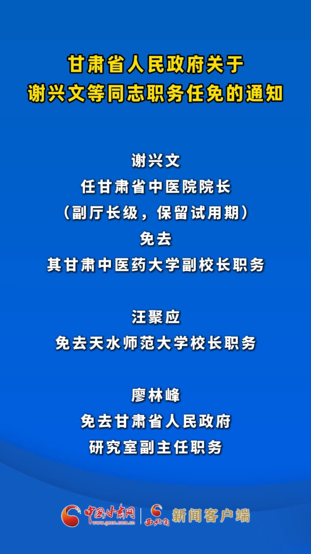 甘肃省人民政府关于谢兴文等同志职务任免的通知